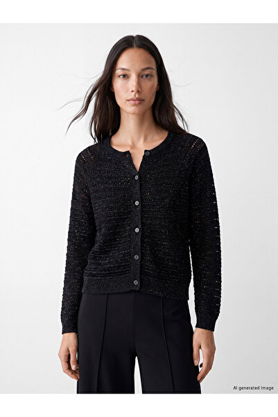 LC Waikiki Peak New Season Black Glittery Openwork Women's Knitwear Cardigan