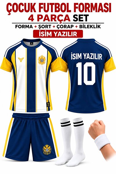 yenteks İsim Yazılır Çocuk Futbol Forması Sarı-Lacivert Özel Tasarım 4 parça ...