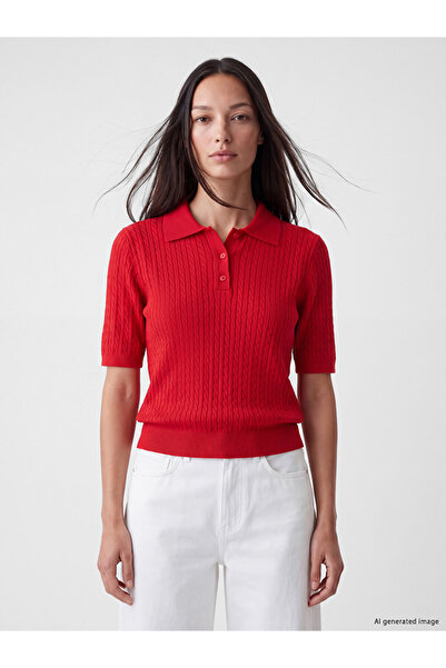 LC Waikiki Ozmarka New Season Red Polo Collar Women's Knitwear Sweater