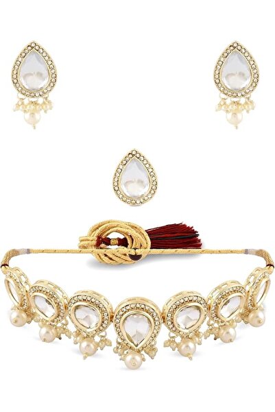 ZAVERI PEARLS طقم مجوهرات نسائي ذهبي اللون مع ألماس نمساوي وحجر الكوندان يتضم...