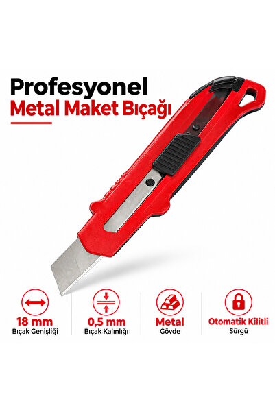 ALBERTOS Metal Gövdeli Maket Bıçağı Falçata 18 mm Otomatik Kilitli 1 Adet