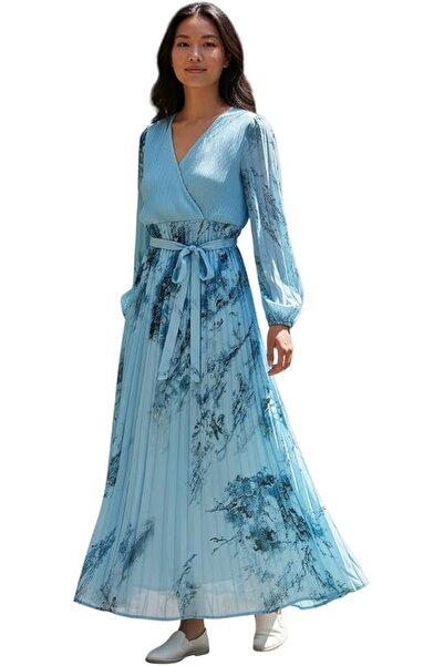 Generic Women's Pleated Maxi Dress with Long Sleeves, Blue Floral Print, V-Ne...
