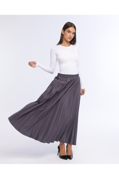 Modabenna Gray Pleated Women's Long Crepe Skirt with Elastic Waist, Pleated, Comfortable