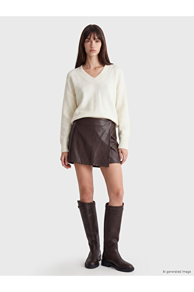 LC Waikiki Vizyon New Season White V-Neck Oversize Women's Knitwear Sweater