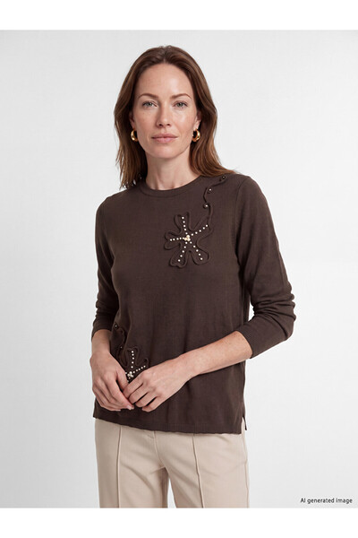 LC Waikiki Vizyon New Season Brown Crew Neck Embroidered Women's Knitwear Swe...