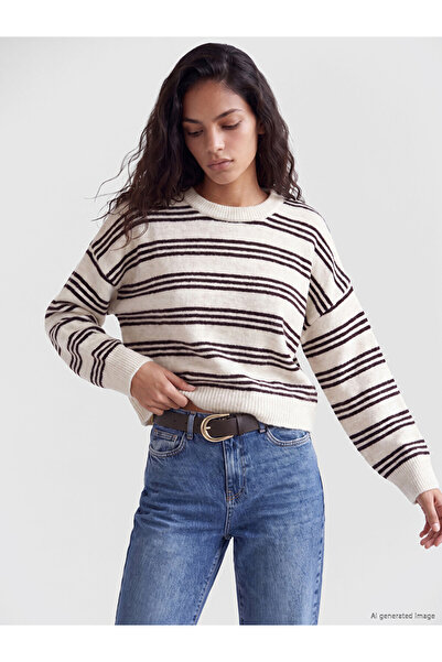 LC Waikiki Vizyon New Season Ecru Striped Oversize Women's Knitwear Sweater