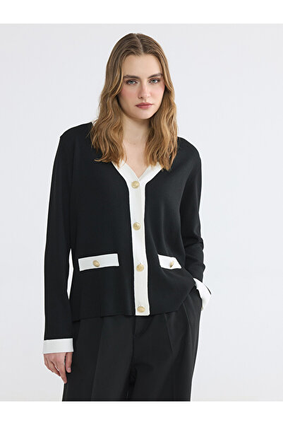 LC Waikiki Özmarka New Season Black V-Neck Women's Knitwear Cardigan