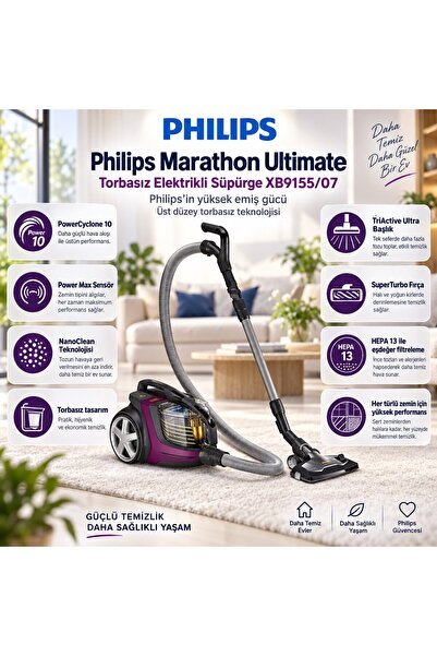 Philips Marathon Ultimate Toz Torbasız Elektrikli Süpürge, 899W, PowerCyclone...