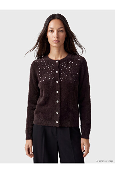 LC Waikiki Ozmarka New Season Brown Crew Neck Stoned Women's Knitwear Cardigan