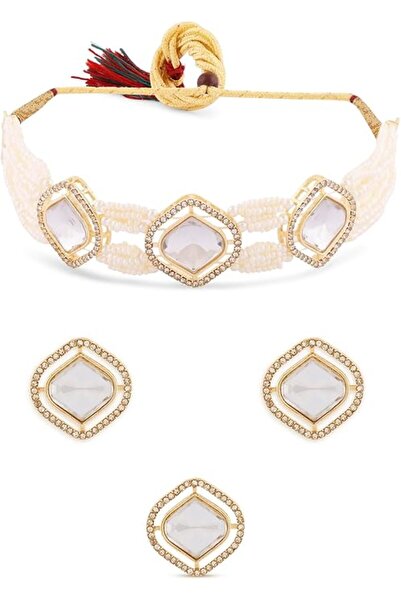ZAVERI PEARLS قلادة ذهبية اللون متعددة الخيوط مرصعة بالألماس النمساوي والأحجا...