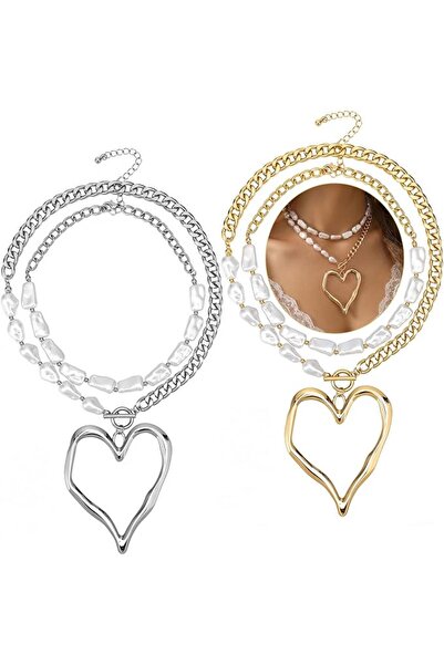 TERRIFI 2PCS Y2k Large Heart Necklaces for Women Chunky Big Heart Pendant Nec...