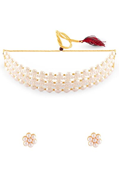 ZAVERI PEARLS طقم قلادة خرزية متعددة الطبقات بلون ذهبي مع أقراط للنساء - ZPFK...