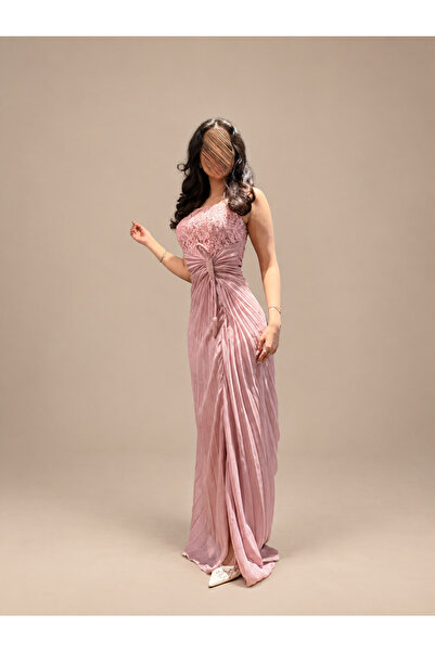 Rose Pink Evening Dress with Lace and Draped Pleats