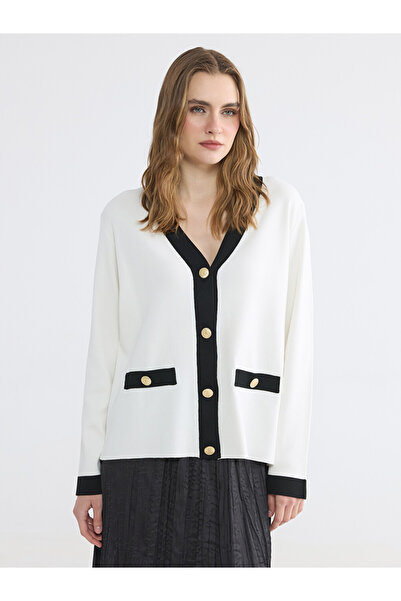 LC Waikiki Özmarka New Season White V-Neck Women's Knitwear Cardigan