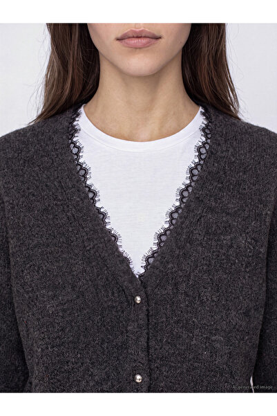 LC Waikiki Peak New Season Anthracite Lace Detailed Women's Knitwear Cardigan