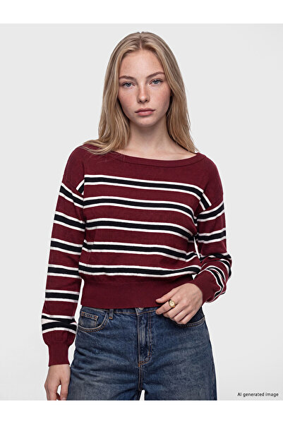 LC Waikiki Peak New Season Burgundy Boat Neck Striped Women's Knitwear Sweater