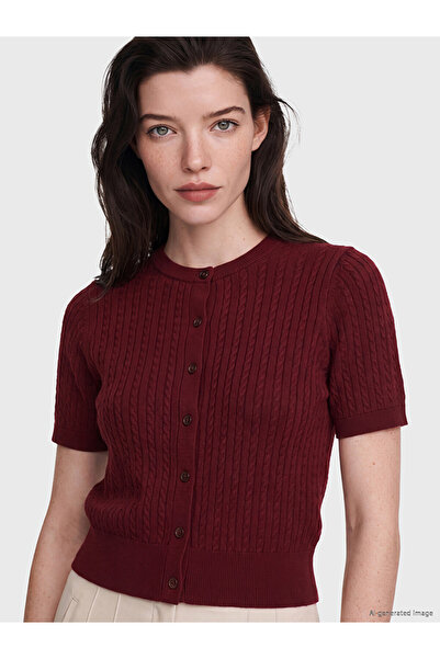 LC Waikiki Peak New Season Burgundy Crew Neck Women's Knitwear Cardigan