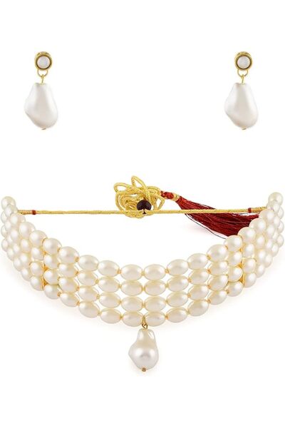ZAVERI PEARLS طقم قلادة وأقراط من اللؤلؤ العرقي بلون ذهبي للنساء - ZPFK11081