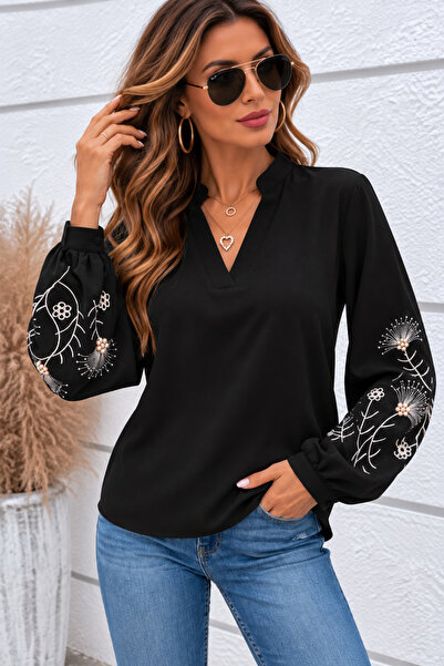 moda wanilia Women's V-Neck Long Sleeve Balloon Sleeve Floral Embroidered Cuf...
