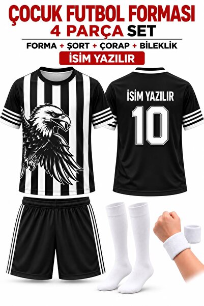 yenteks İsim Yazılır Çocuk Futbol Forması Siyah Beyaz Kartal Dijital Baskı 4 ...