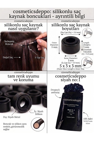 cosmeticsdeppo Saç Kaynak, Tinsel ve Saç Süsü Takma Boncuğu (Siyah -100 Adet)