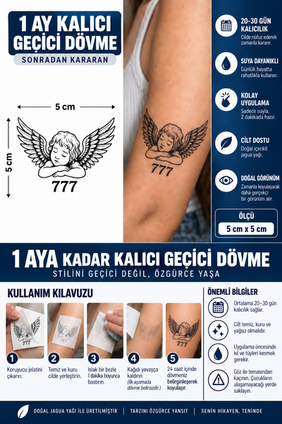 TattooLiva 1 Ay Kalıcı 24 Saat Sonra Kararan 5X5 cm 777 Melek dövme model Geç...