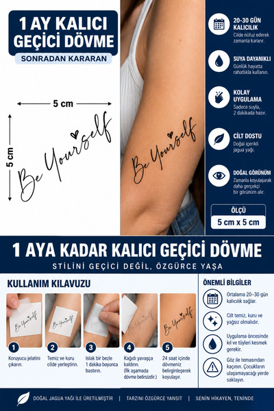 TattooLiva 1 Ay Kalıcı 24 Saat Sonra Kararan 5X5 cm minimal Be yourself (Kend...