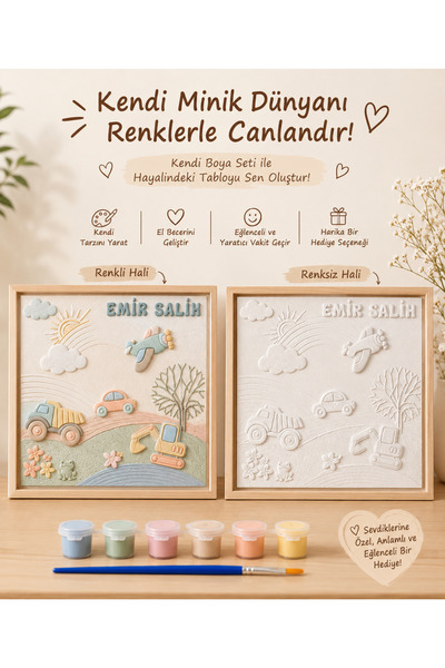 Kendin Boya Çocuk Odası Dokulu Tablo | Kids Serisi | Araçlar Temalı | Boyama Seti Hediyeli