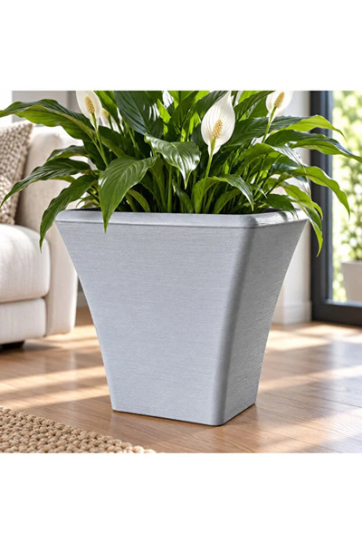 poliva home Dekoratif Kare 27 Litre Saksı Dokulu Büyük Boy Plastik Saksı İç ve Dış Mekan Saksı 37,5x37,5x36,5 cm
