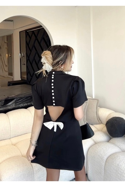 Bel Fiyonk Detay Siyah Mini Elbise