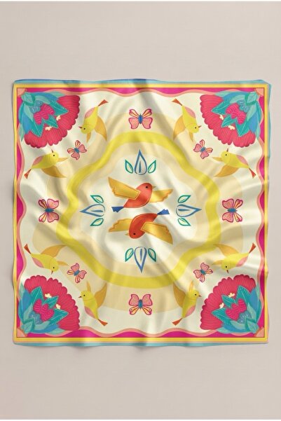 viki concept Sarı Pembe Kuğu ve Kelebek Desen Fular Bandana 50x50 Cm