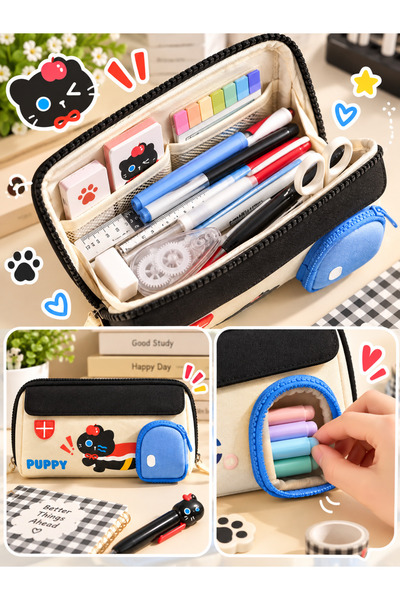 BABUN Oxford Fabric Multi-Compartment Large Capacity School Stationery Organizer with Cute Dog Cat Figures Illustrated Kids Student Water-Resistant Pencil Holder Pencil Case Bag