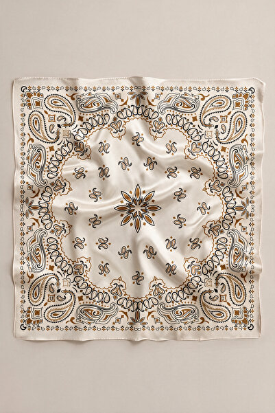 viki concept Ekru Bej Şal Motifli Desen Fular Bandana 50x50 Cm
