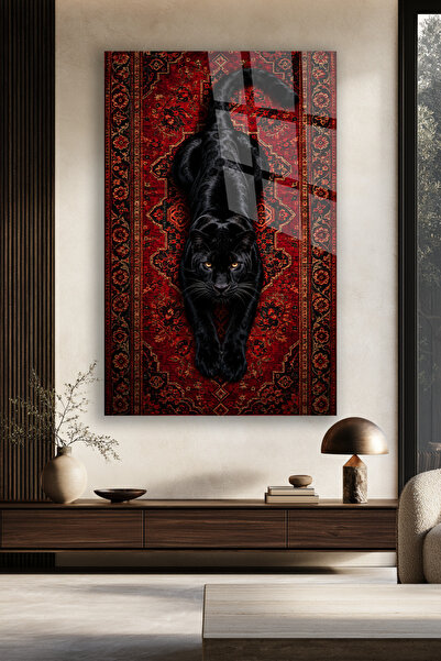 TAULART TABLĂ DECORATIVĂ DIN STICLĂ CU FIGURĂ PANTERĂ NEAGRĂ ȘI MODEL ROȘU, C...