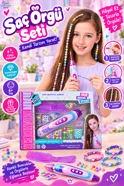 Brother Toys Oyuncak Saç Tasarım Süsleme Seti Boncuk Saç Örgü Tarak