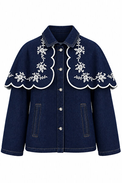 HAZELANNA Nakışlı Yaka Detaylı Denim Ceket