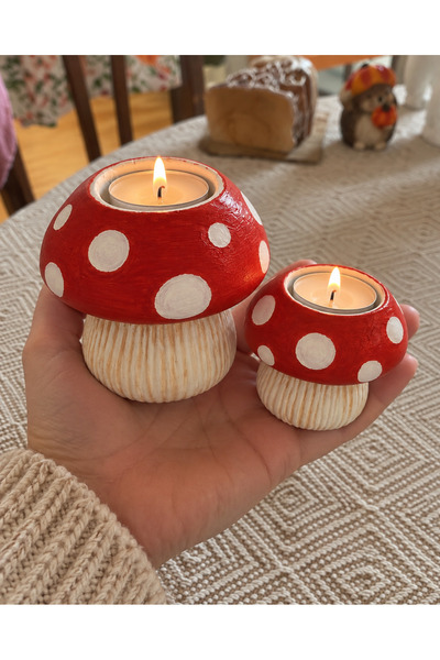 AlohamoraShop M0001 - 2’li Mantar Tealight Mumluk Seti – El Boyaması Dekorati...