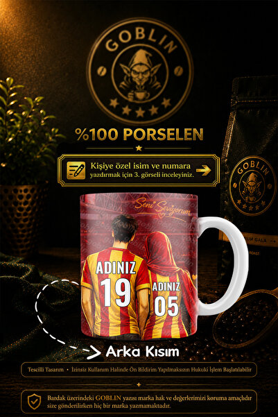 Goblin Porselen Kişiye Özel isimli Stadyum Dekorlu Sarı Kırmızı Sevgililer Ka...
