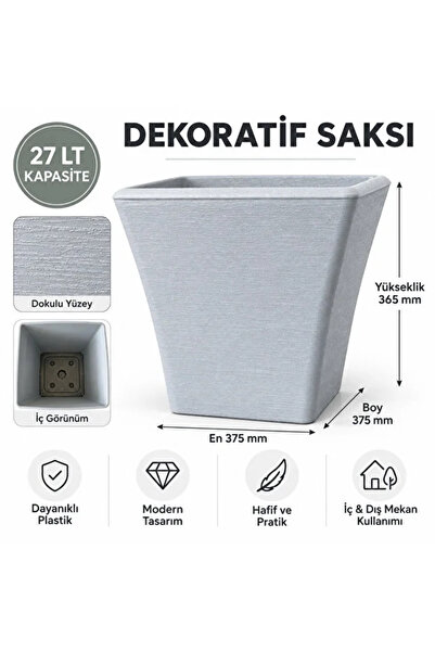 poliva home Dekoratif Kare 27 Litre Saksı Dokulu Büyük Boy Plastik Saksı İç ve Dış Mekan Saksı 37,5x37,5x36,5 cm