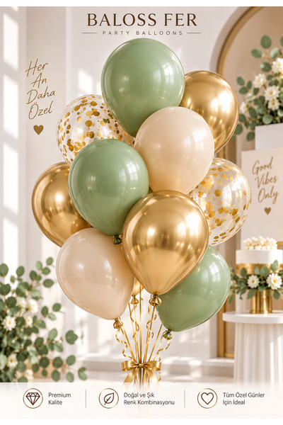 baloss fer Sage Nude Gold Balon Seti 20 Adet Okaliptus Deniz Kumu Krom Gold G...