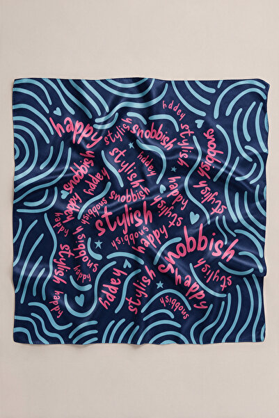 viki concept Navy Blue Fuchsia Slogan Wave Pattern Scarf Bandana 50X50 cm