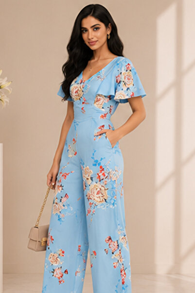 Stylish Fashion جمبسوت من ستايلش فاشن تركي باللون السماوي وبطبعات الورد وخامة...