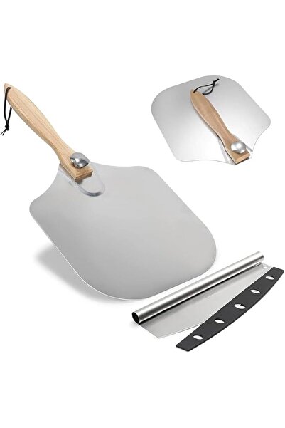 Yelajoy 2 PCS Aluminum Pizza Paddle Knife with Foldable Wooden Handle
