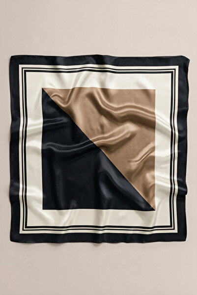 viki concept Siyah Bej Geometrik Blok Desen Fular Bandana 50x50 Cm