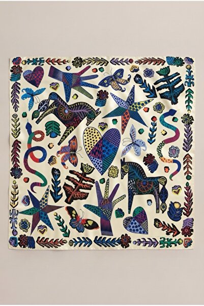 viki concept Renkli Halk Sanatı Hayvanları Desen Fular Bandana 50x50 Cm