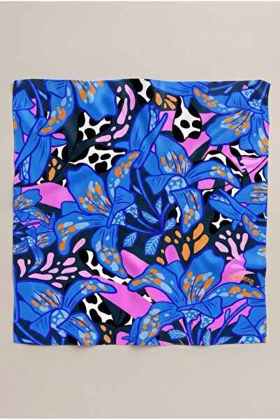 viki concept Saks Blue Tropical Leaf and Bird Pattern Scarf Bandana 50X50 cm