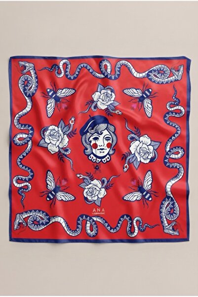 viki concept Kırmızı Gül Yılan ve Maskeli Portre Desen Fular Bandana 50x50 Cm
