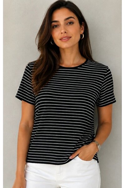Gokco Women's Black and White Striped Crew Neck Basic T-Shirt