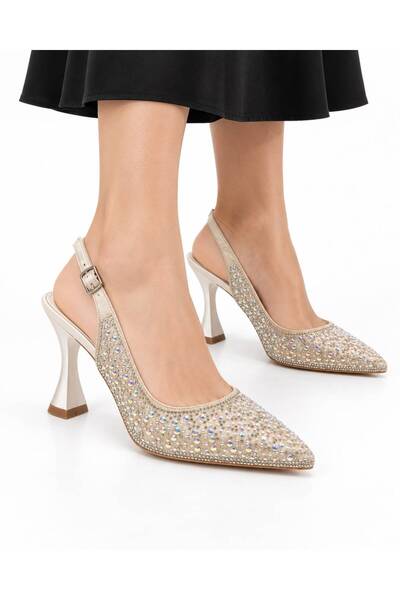 YADE MODA White Pearl and Stone Detailed Pointed Toe Open Back Stone Heeled E...