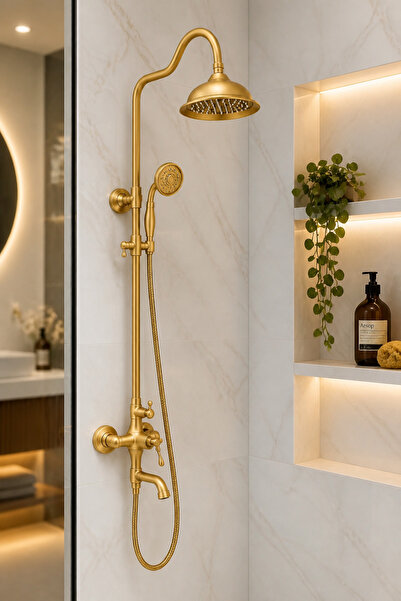 İSAOĞLU YAPI Mat Gold Rustik Duş Sistemi Royal Tepe Yağmurlama Retro Gold Duş...